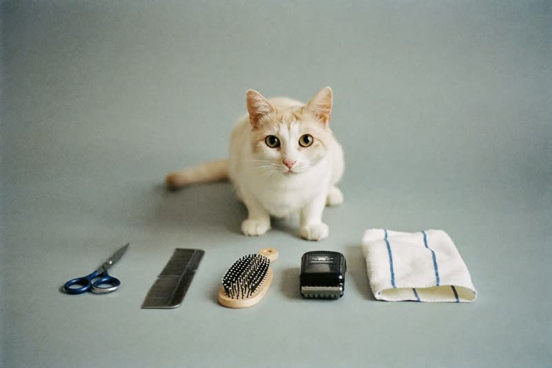 Grooming scissors, brushes, comb and clipper laid out on a pale surface