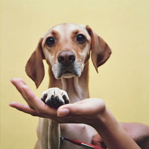 A dog's paw held in a groomer's hands for a nail trim